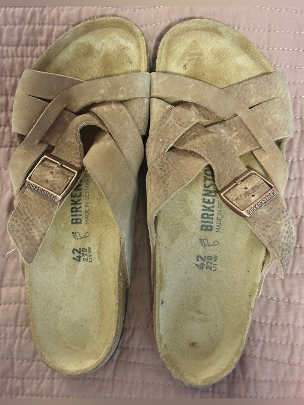 Birkenstock Lugano sandals in Old Tobacco oiled leather w/ a soft footbed 42R